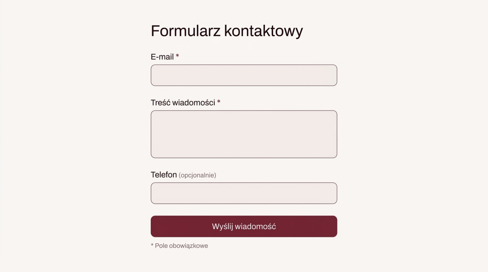 Formularz z wymaganymi polami e-mail i wiadomość oraz opcjonalnym telefonem.