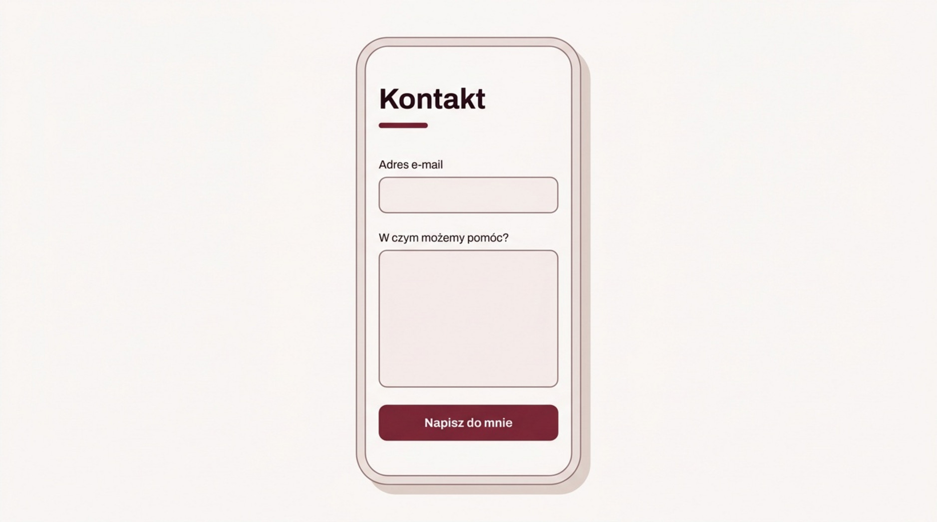 Przykładowy formularz na telefonie z adresem e-mail, wiadomością i przyciskiem wysyłania.