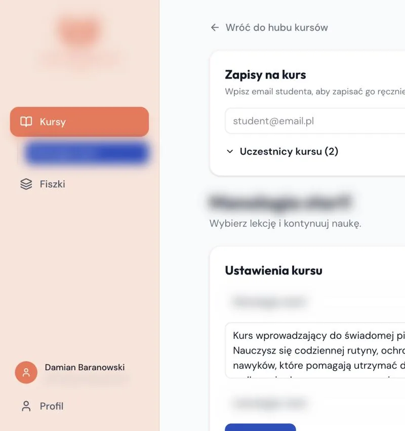 Panel admina: zapisy uczestników i ustawienia kursu