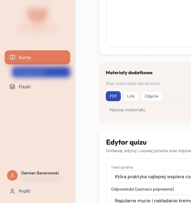 Panel admina: edytor quizu i materiały dodatkowe