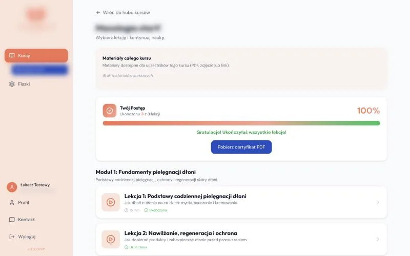 Panel studenta: ukończony kurs i przycisk pobrania certyfikatu