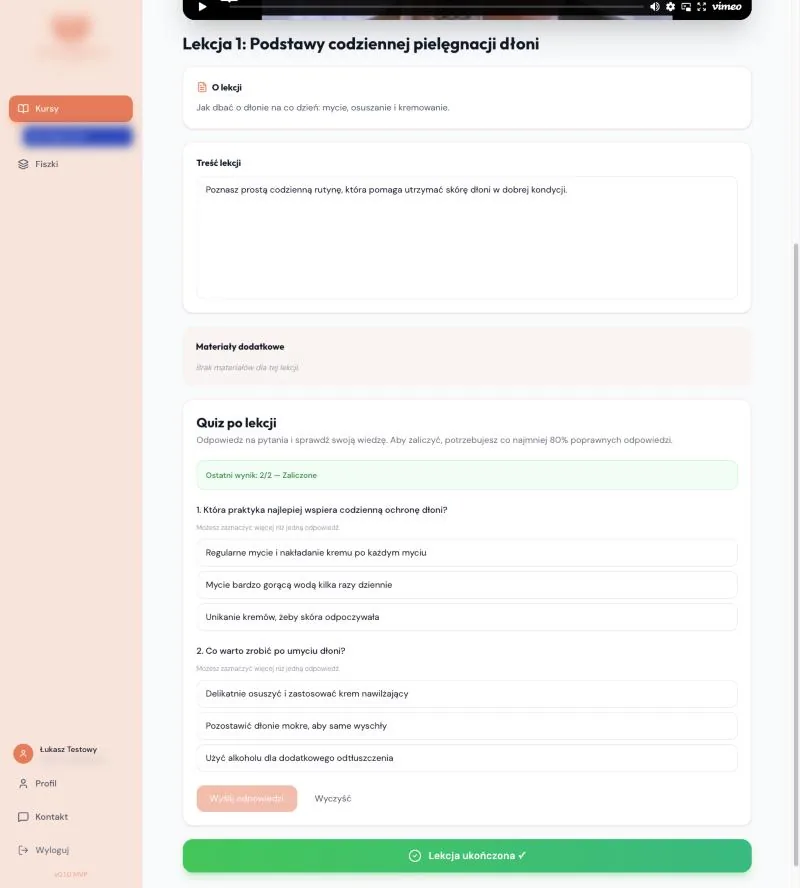 Panel studenta: ekran pojedynczej lekcji