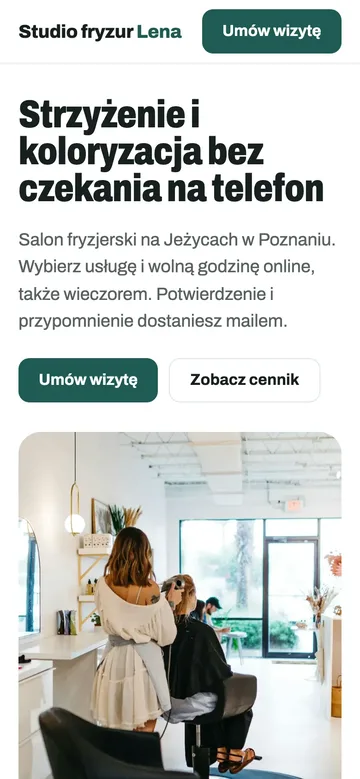 Ta sama Wizytówka na telefonie: nazwa salonu, nagłówek i przycisk Umów wizytę